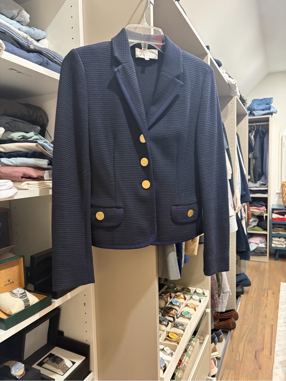Escada Navy Textured Blazer with Gold Buttons